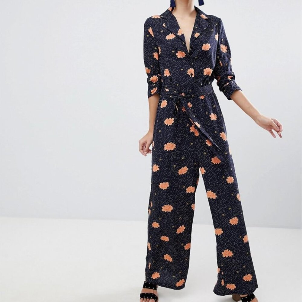 ASOS Liquorish Navy floral wide leg jumpsuit UK 8/36